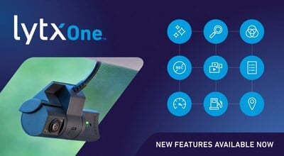 LytxOne platform logo with dashboard camera and nine feature icons on blue background