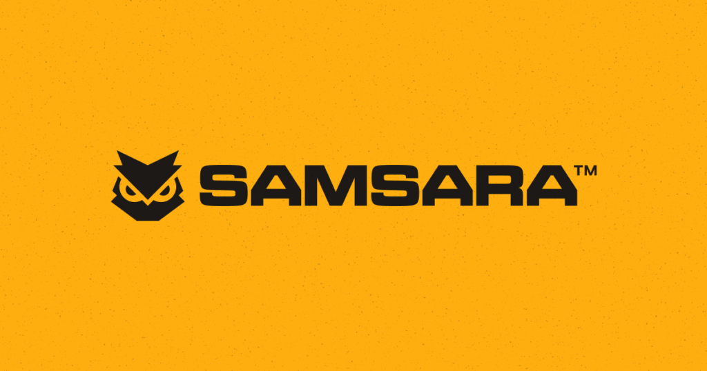 Samsara logo with stylized owl icon on yellow background