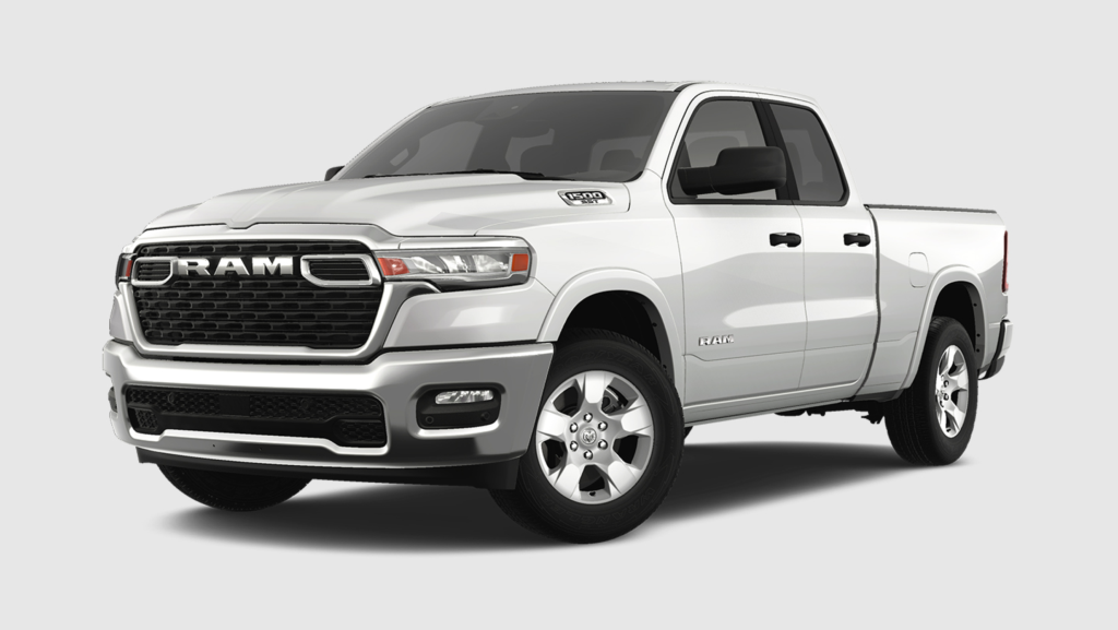 A white Ram 1500 SST crew cab pickup truck photographed from the front three-quarter angle on a plain background