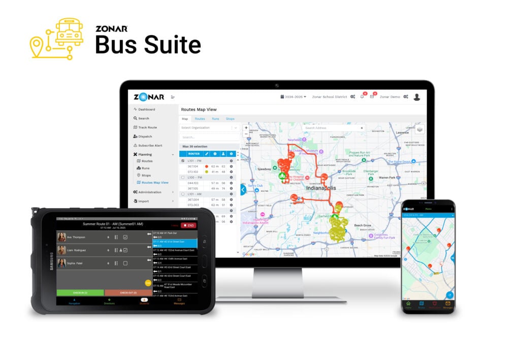 Zonar Bus Suite software displayed across desktop monitor, mobile device, and handheld tablet showing route mapping and fleet management interface