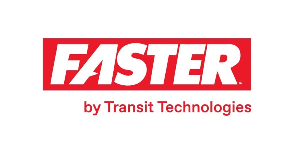 FASTER by Transit Technologies logo wordmark in red and white
