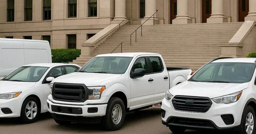 Three white vehicles parked in front of government building with stone steps