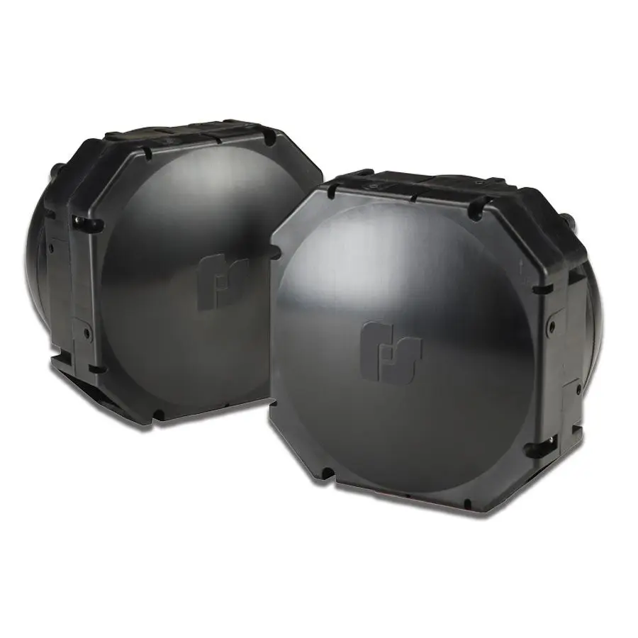 Pair of black spherical vehicle sirens with mounting brackets and control hardware