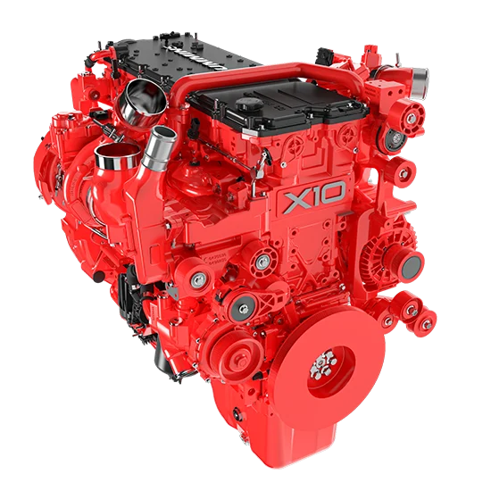 A Cummins X10 diesel engine, finished in red, shown from a three-quarter angle on a white background