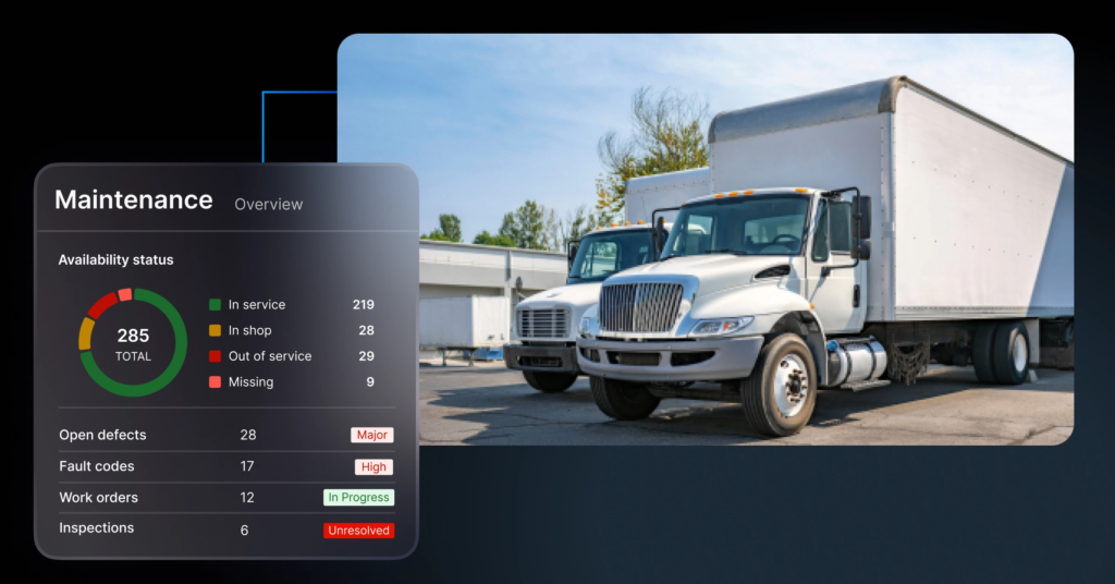 A fleet maintenance dashboard showing 285 vehicles by availability status, overlaid on a photograph of white box trucks