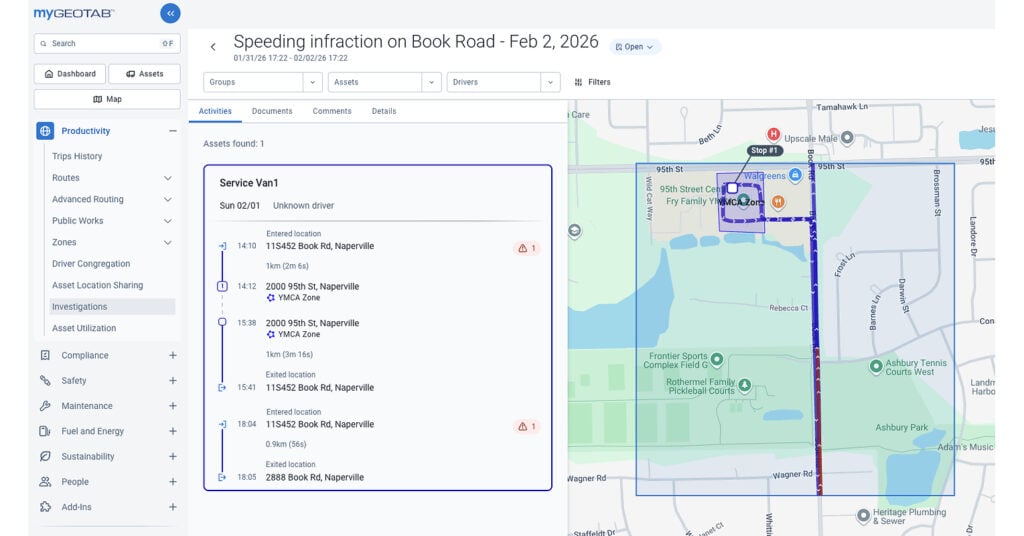 MyGeotab Investigations screen showing a speeding infraction, with an activity timeline for a service van beside a route map