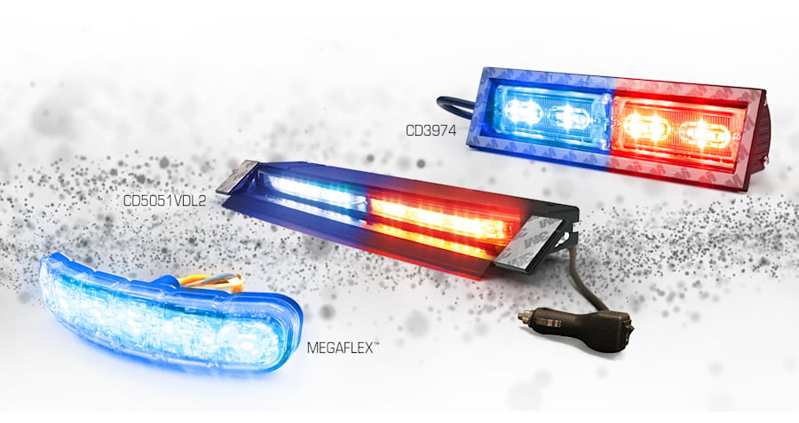 Three LED police warning lights lit in blue and red, labeled CD3974, CD5051VDL2 and MegaFlex, shown with a power plug