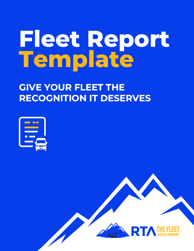 Blue promotional graphic for RTA Fleet Success Company fleet report template with mountain imagery and document icon