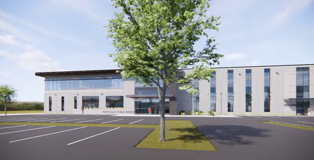 Architectural rendering of modern public works building with parking lot and landscaping