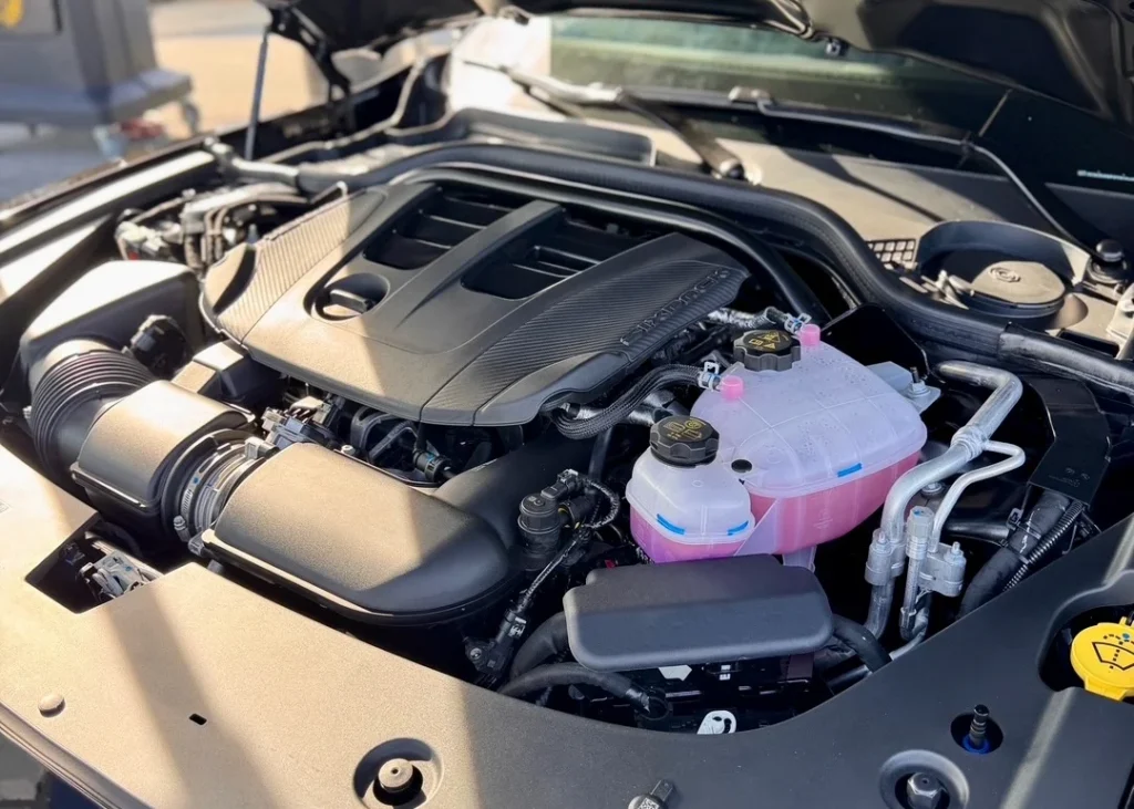 Engine compartment of the Dodge Charger PPV prototype with the engine cover and coolant reservoirs.