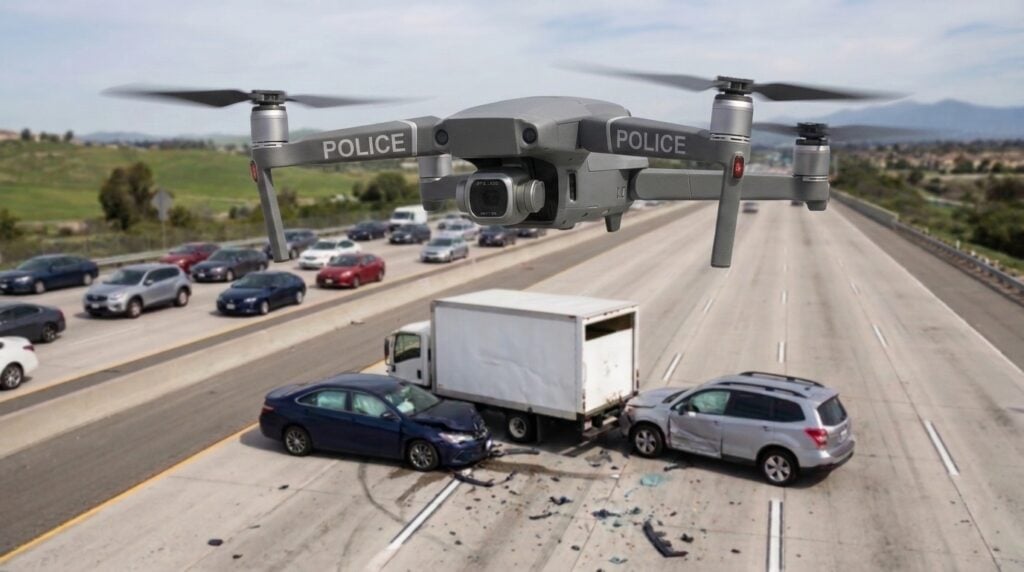 A police quadcopter drone hovering above a three-vehicle highway collision, with traffic backed up in the opposite lanes