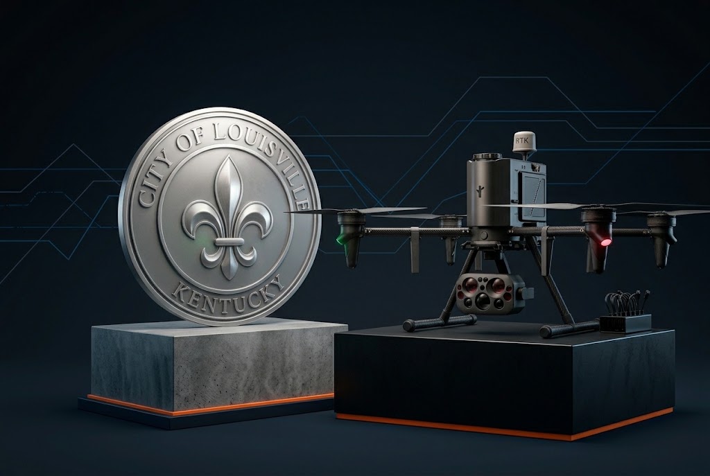 City of Louisville seal beside industrial drone on dark background with tech interface