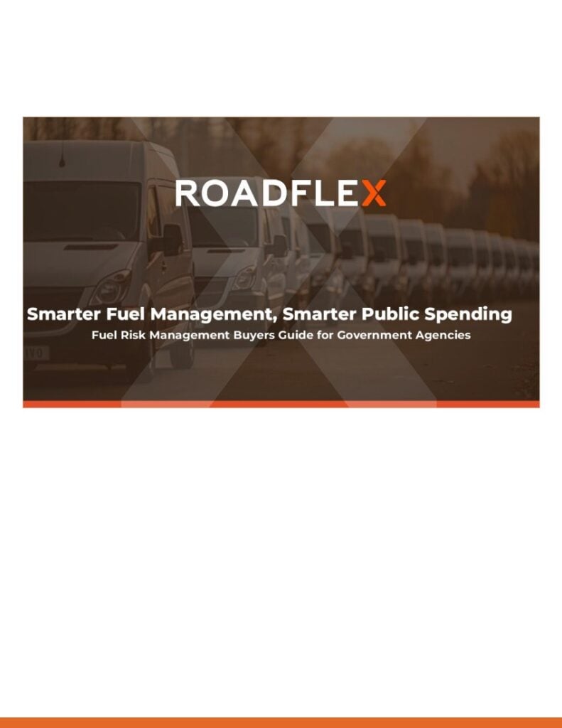 Cover of the RoadFlex Fuel Risk Management Buyers Guide for Government Agencies, titled Smarter Fuel Management, Smarter Public Spending, over a row of parked white vans