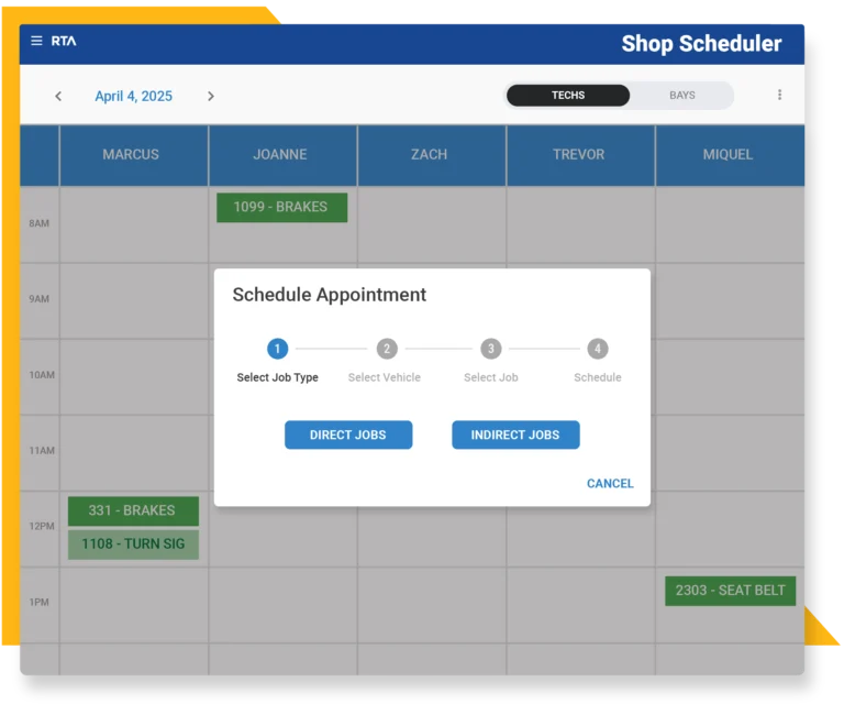 Shop Scheduler assigns jobs to technicians by day, bay, and job type.