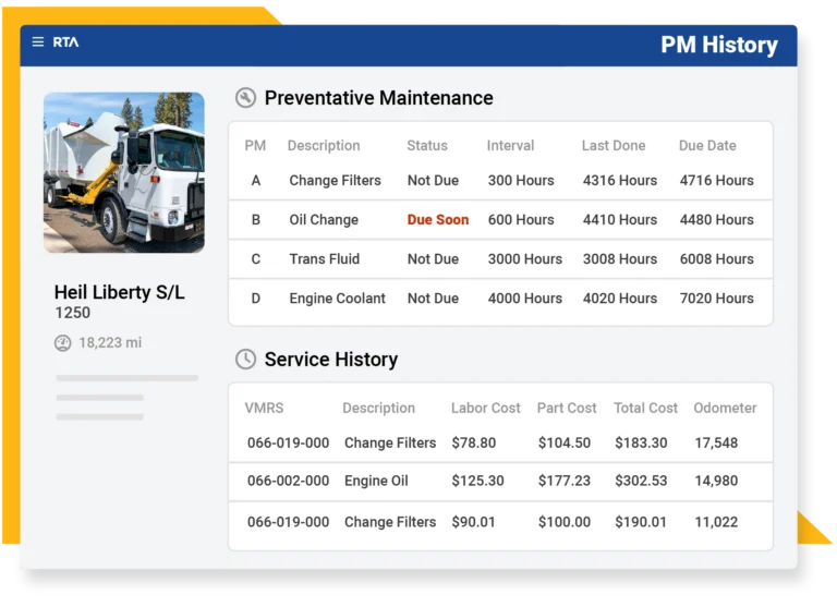 Preventive maintenance intervals and service history for each vehicle.