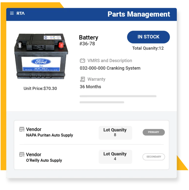 Parts Management tracks stock, vendors, pricing, and warranty for every part.