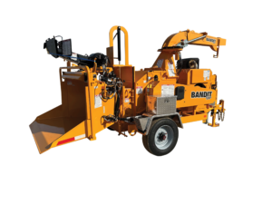 Bandit wood chipper with yellow and brown coloring and hydraulic chipping arm