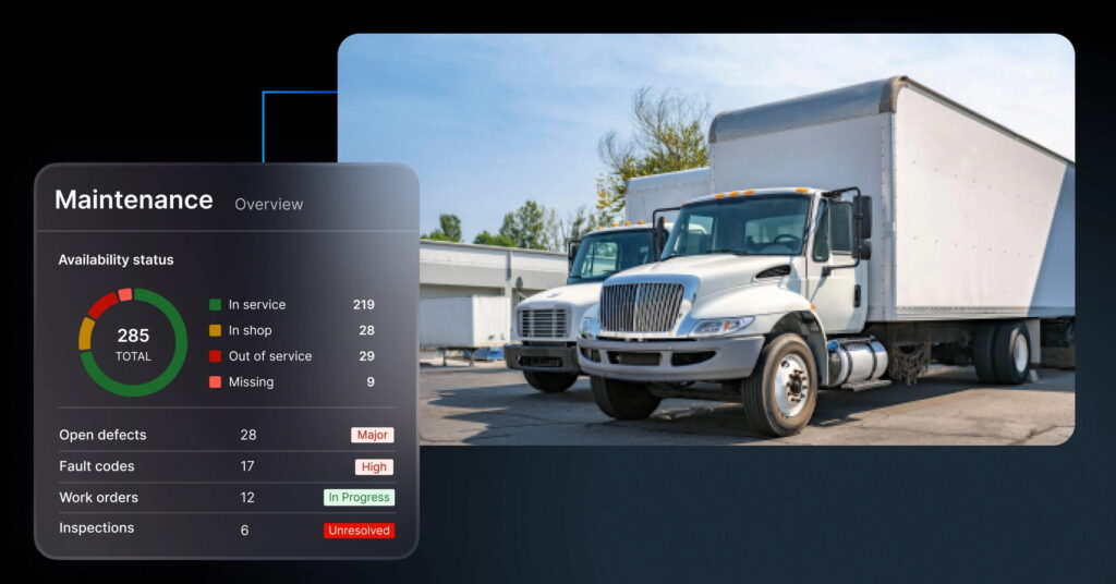 A fleet maintenance dashboard showing 285 vehicles by availability status, overlaid on a photograph of white box trucks