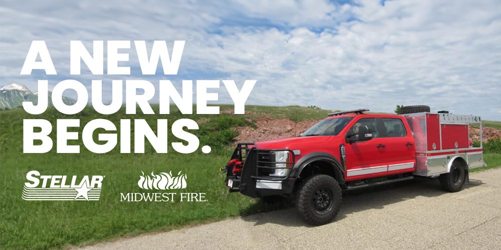 Red fire apparatus truck on rural road with Stellar Industries and Midwest Fire logos and "A New Journey Begins" text