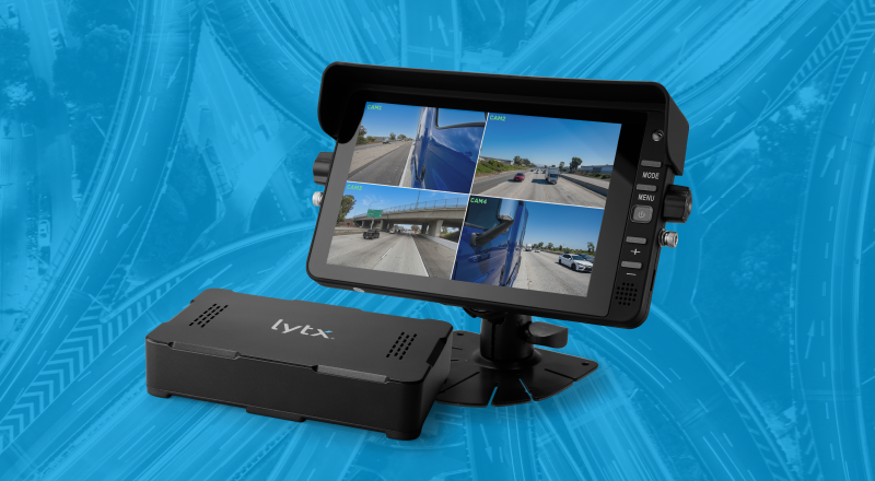 Lytx dashcam system displaying four-camera split-screen view of commercial truck surroundings