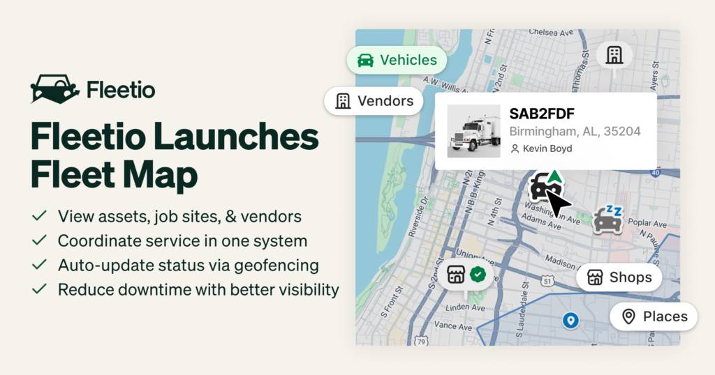 Fleetio Fleet Map screenshot showing vehicles, vendors, shops, and places layered on street map interface