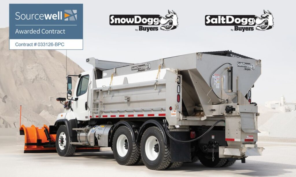 Combination truck with snow plow blade and salt spreader attachment, Sourcewell contract badge visible