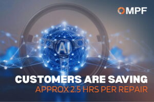 MPF logo with AI globe and headphones icon; text states customers saving approximately 2.5 hours per repair