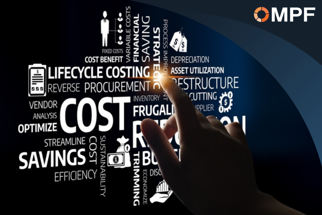 Person pointing at word cloud featuring cost management and procurement terms with MPF logo