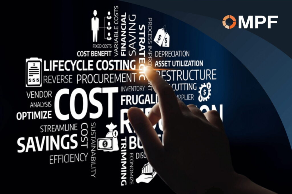Hand pointing at cost management word cloud with MPF logo, dark background