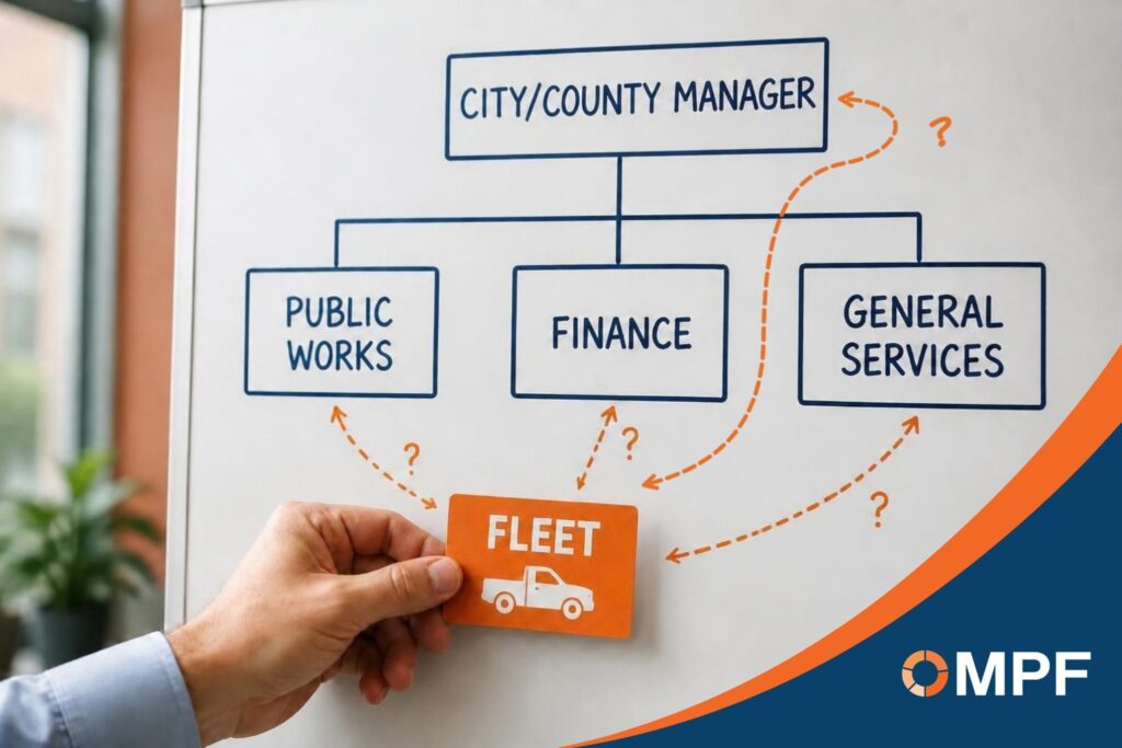 Organizational chart showing City/County Manager with three departments, dotted lines questioning Fleet reporting structure, MPF logo visible