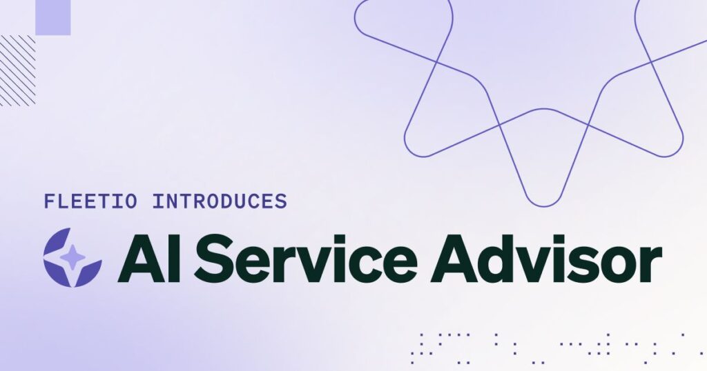 Fleetio introduces AI Service Advisor logo announcement on light purple background