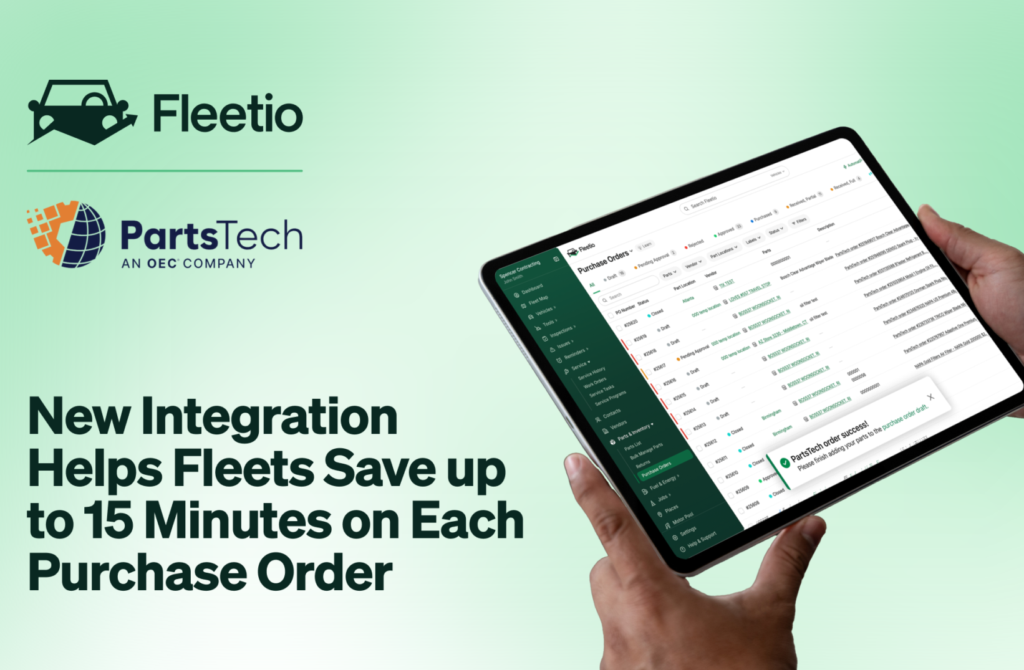 Hands holding tablet displaying parts ordering interface with Fleetio and PartsTech logos