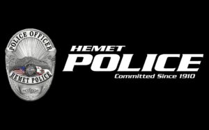 Hemet Police Department badge and wordmark logo on black background