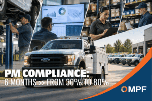 Fleet maintenance technicians servicing white Ford pickup truck in workshop with analytics dashboard displayed