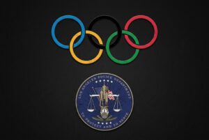 Olympic rings above Los Angeles Police Department seal on dark background