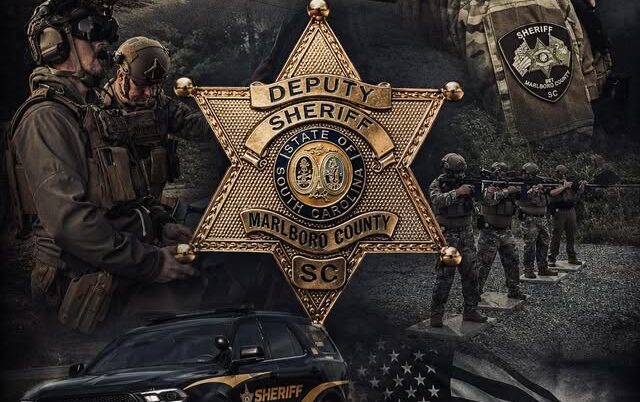 Deputy Sheriff badge for Marlboro County with armed officers and patrol vehicle composite