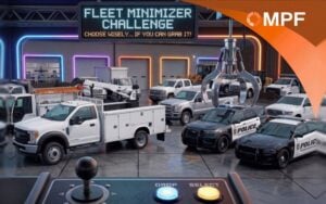 Arcade game screen showing fleet minimizer challenge with service trucks and police vehicles in garage setting