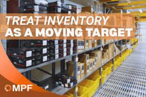 Parts room shelving stacked with boxed components and yellow bins, headlined "Treat inventory as a moving target"