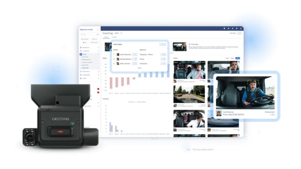 Geotab dash camera with fleet management software dashboard and vehicle safety video screenshots