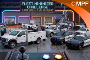 Claw machine grabber poised over rows of police cars and municipal work trucks beneath a "Fleet Minimizer Challenge" sign