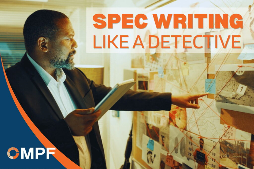 Man in business suit examining detective board with photos and string connections, orange text overlay reading "Spec Writing Like a Detective