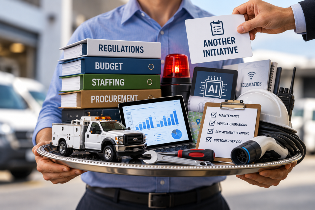 Fleet manager holding stacked books labeled Regulations, Budget, Staffing, Procurement with service truck, laptop, and telematics equipment