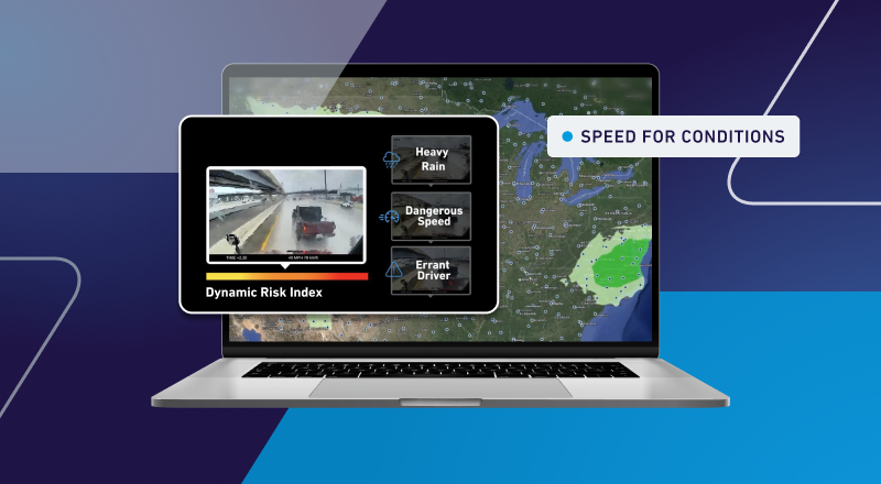 Laptop displaying Dynamic Risk Index dashboard with vehicle safety metrics and weather map overlay