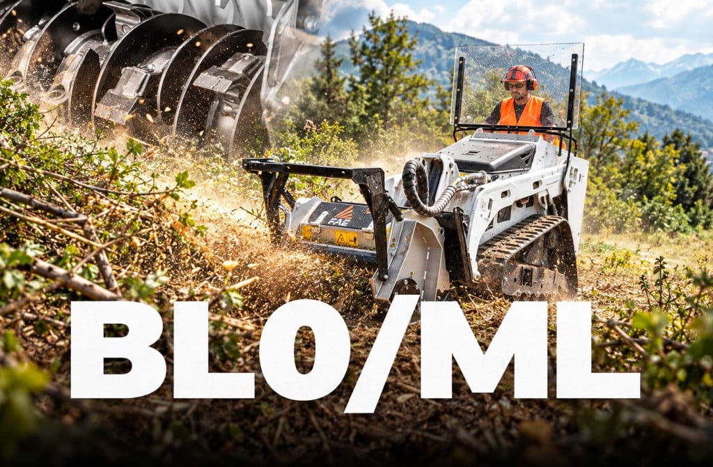 White mini track loader with mulching attachment clearing vegetation on mountainous terrain