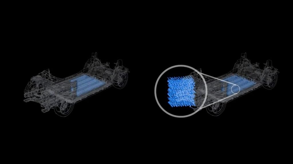 Wireframe diagram of electric vehicle platform showing battery pack location highlighted in blue