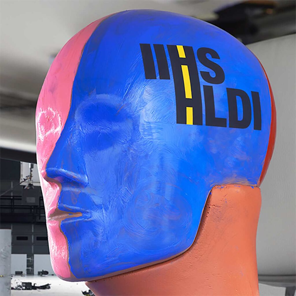 Oversized sculptural head painted blue and pink with "IIHS HLDI" text on forehead