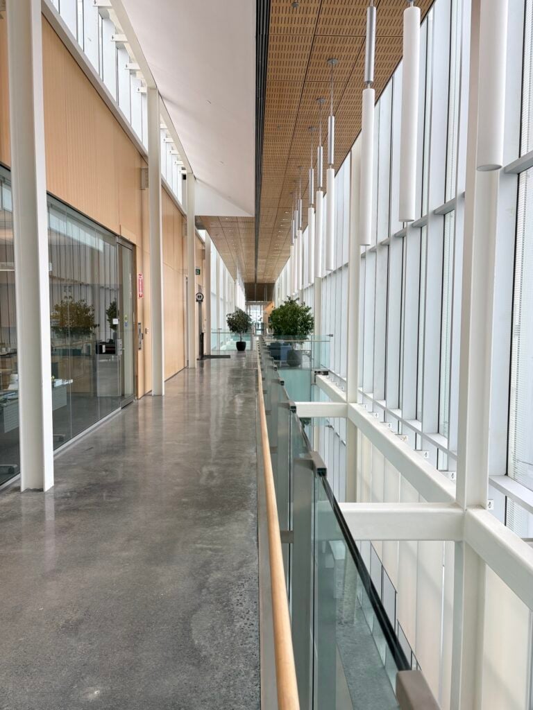 Long modern corridor with floor-to-ceiling windows, white columns, and polished concrete flooring