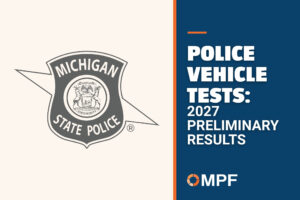 Michigan State Police badge and MPF Police Vehicle Tests 2027 Preliminary Results title page