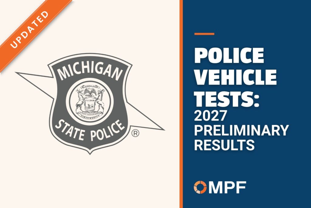 Michigan State Police badge and MPF Police Vehicle Tests 2027 Preliminary Results title page with an Updated corner banner