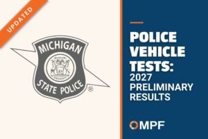 Michigan State Police badge and MPF Police Vehicle Tests 2027 Preliminary Results title page with an Updated corner banner